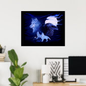 Wolf und Raven mit Vollmond Poster (Heimbüro)