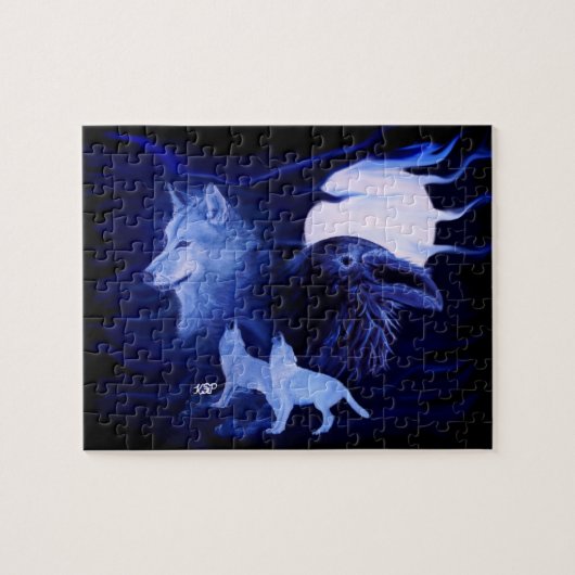 Wolf und Raven mit Vollmond Puzzle (Horizontal)