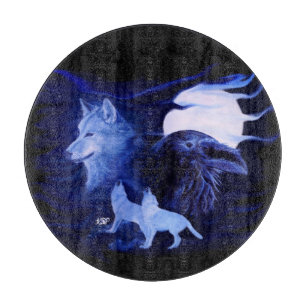 Wolf und Raven mit Vollmond Schneidebrett