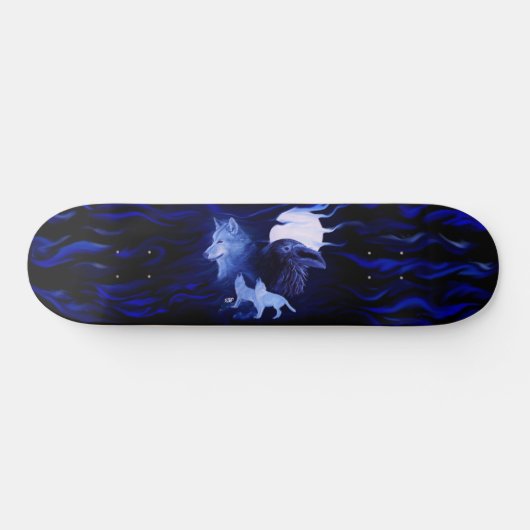 Wolf und Raven mit Vollmond Skateboard (Horizontal)