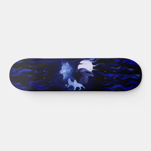 Wolf und Raven mit Vollmond Skateboard (Horizontal)
