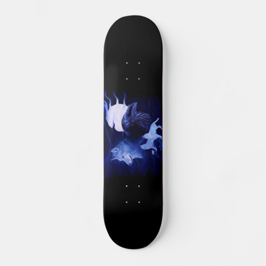 Wolf und Raven mit Vollmond Skateboard (Vorderseite)