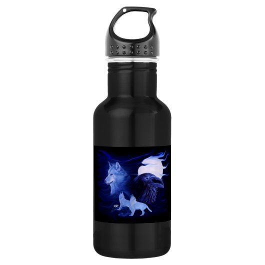 Wolf und Raven mit Vollmond Trinkflasche (Vorderseite)