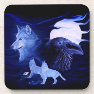 Wolf und Raven mit Vollmond Untersetzer