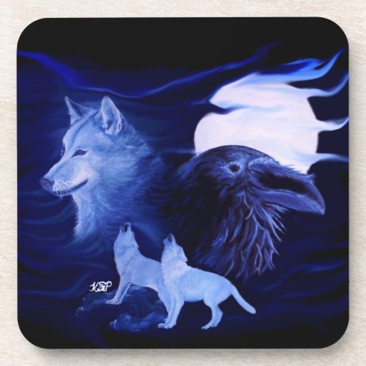 Wolf und Raven mit Vollmond Untersetzer (Vorderseite)