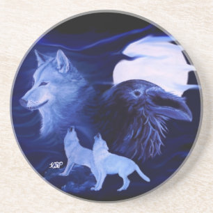 Wolf und Raven mit Vollmond Untersetzer