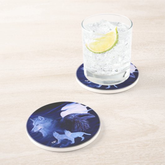 Wolf und Raven mit Vollmond Untersetzer (Seite)