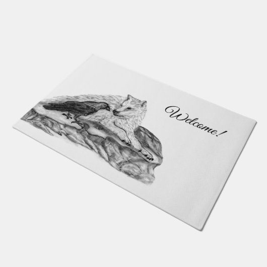 Wolf und Raven - Schwarz und Weiß Fußmatte (Schrägansicht)