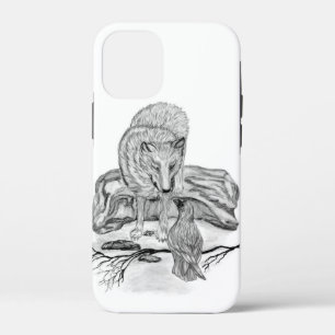 Wolf und Raven Schwarzweiß-Design iPhone 12 Mini Hülle