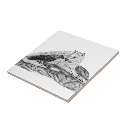 Wolf und Raven Schwarzweiß-Design Fliese (Seite)