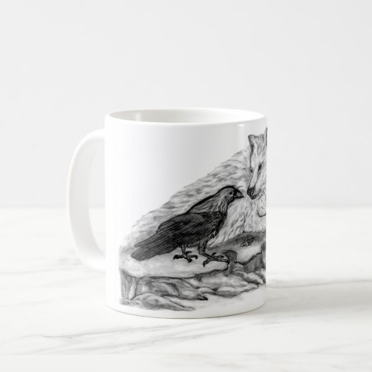 Wolf und Raven Schwarzweiß-Design Kaffeetasse (Vorderseite Links)