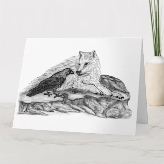 Wolf und Raven Schwarzweiß-Design Karte (Vorderseite)