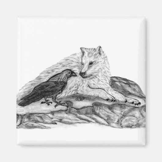Wolf und Raven Schwarzweiß-Design Magnet (Vorne)