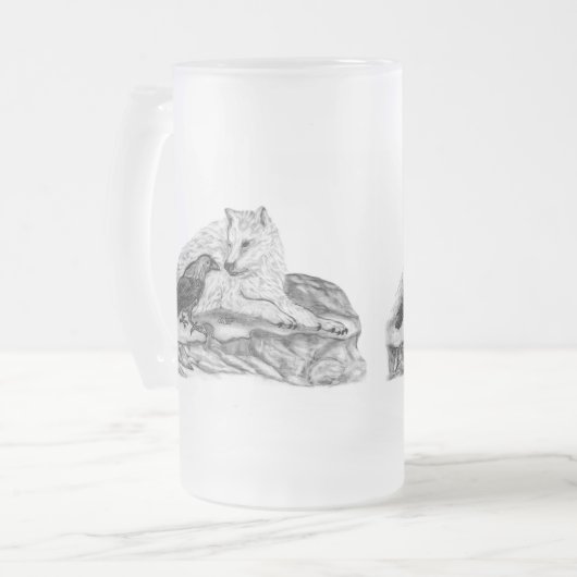 Wolf und Raven Schwarzweiß-Design Mattglas Bierglas (Vorderseite Links)