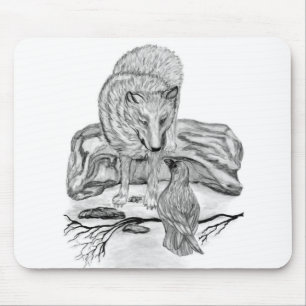 Wolf und Raven Schwarzweiß-Design Mousepad