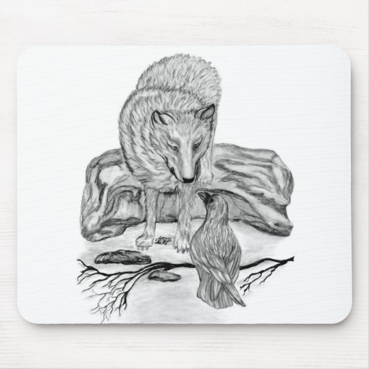 Wolf und Raven Schwarzweiß-Design Mousepad (Vorne)