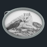 Wolf und Raven Schwarzweiß-Design Ovale Gürtelschnalle<br><div class="desc">Zeichnend Stift von Krisi ArtKSZP</div>