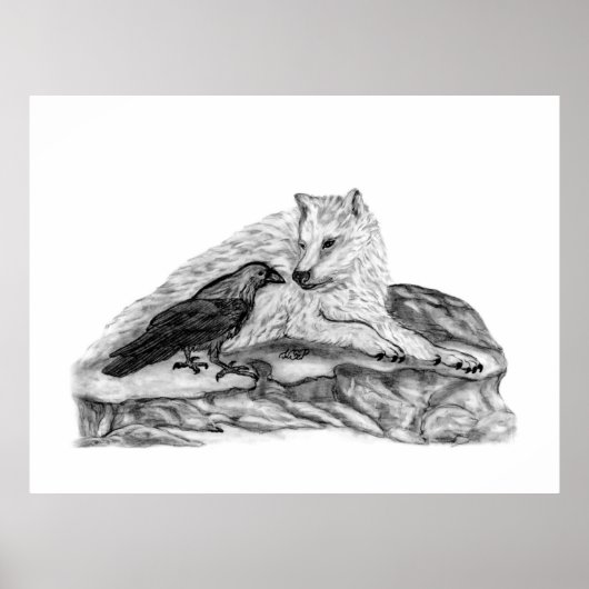 Wolf und Raven Schwarzweiß-Design Poster (Vorne)
