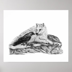 Wolf und Raven Schwarzweiß-Design Poster