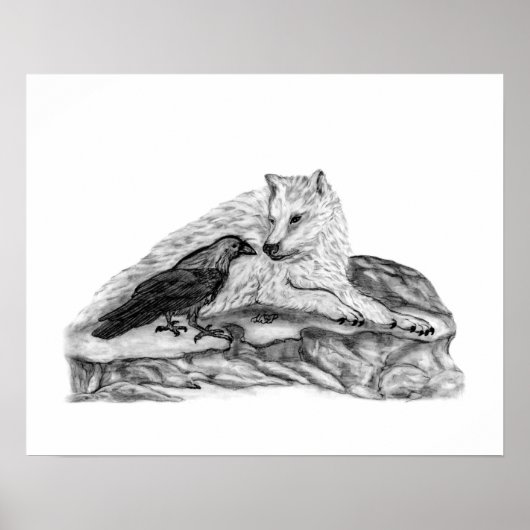 Wolf und Raven Schwarzweiß-Design Poster (Vorne)