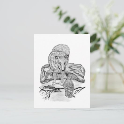 Wolf und Raven Schwarzweiß-Design Postkarte (Stehend Vorderseite)