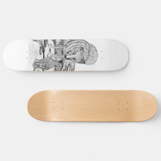 Wolf und Raven Schwarzweiß-Design Skateboard (Horizontal)