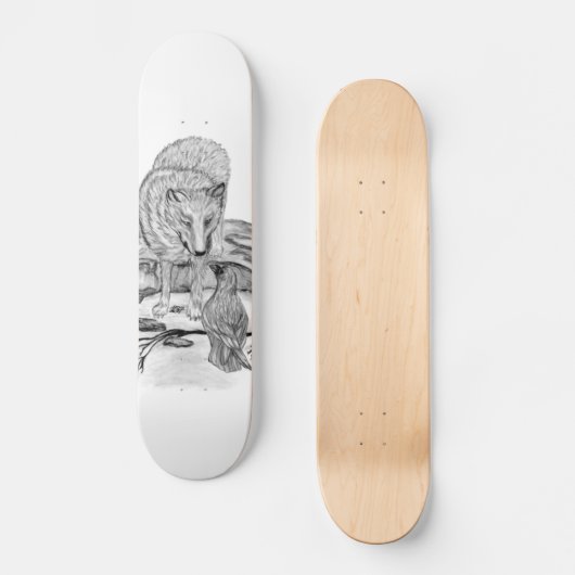 Wolf und Raven Schwarzweiß-Design Skateboard (Vorderseite)