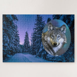Wolf und schneebedeckter Winterwald unter dem Ster Puzzle