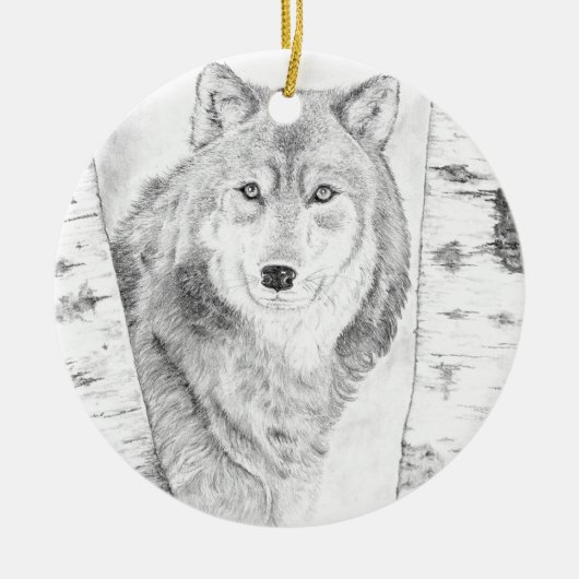 Wolf unter Birch Trees Keramik Ornament (Vorne)