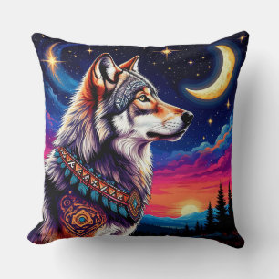 Wolf unter dem Halbmond bei Nacht Kissen