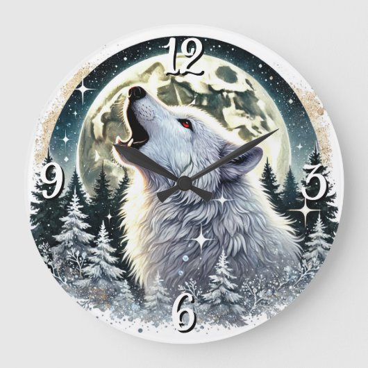 Wolf unter Vollmond Große Wanduhr (Vorderseite)