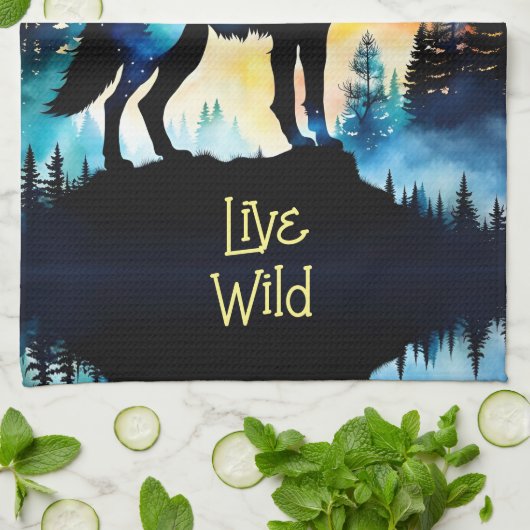 Wolf Vollmond-Aquarellbäume Geschirrtuch (Gefaltet)