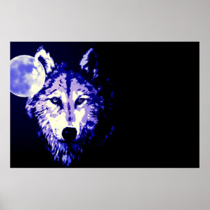 Wolf Vollmond Blau Schwarz Poster