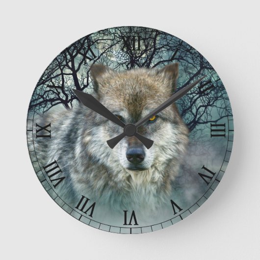 Wolf-Vollmond im Nebel Runde Wanduhr (Vorderseite)