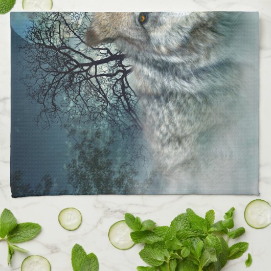 Wolf Vollmond in Nebel Geschirrtuch (Gefaltet)