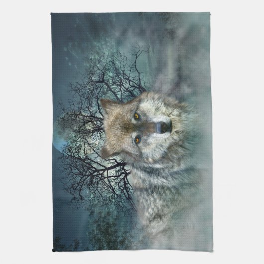 Wolf Vollmond in Nebel Geschirrtuch (Vertikal)