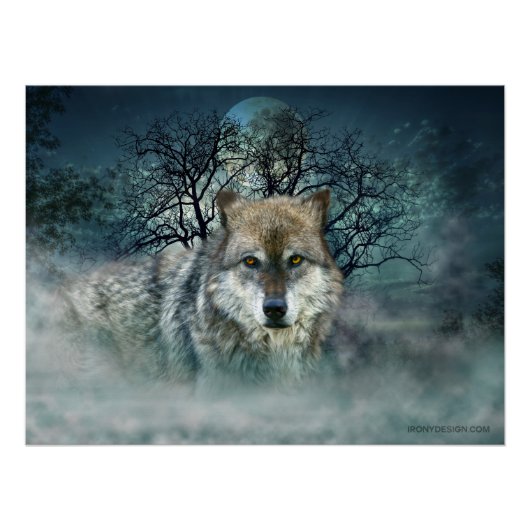 Wolf Vollmond in Nebel Poster (Vorderseite)