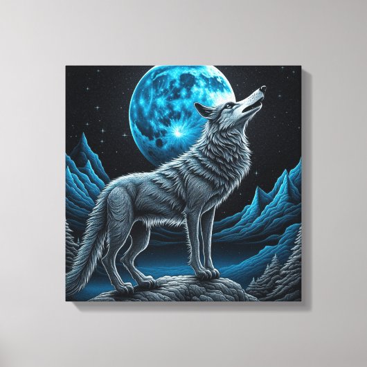 Wolf vor dem Vollmond Stehend | AI Art Leinwanddruck (Vorderseite)