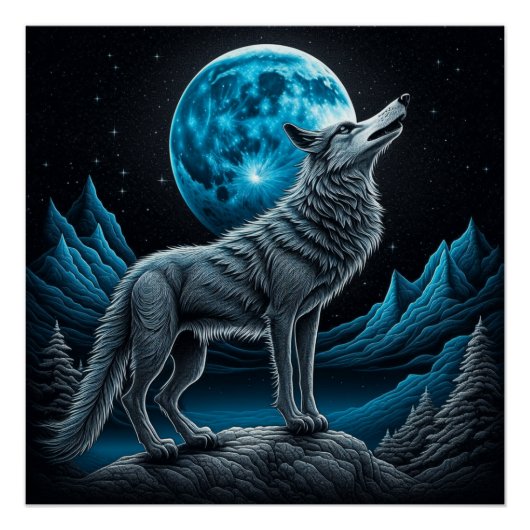 Wolf vor dem Vollmond Stehend | AI Art Poster (Vorderseite)