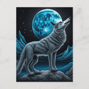 Wolf vor dem Vollmond Stehend   AI Art Postkarte