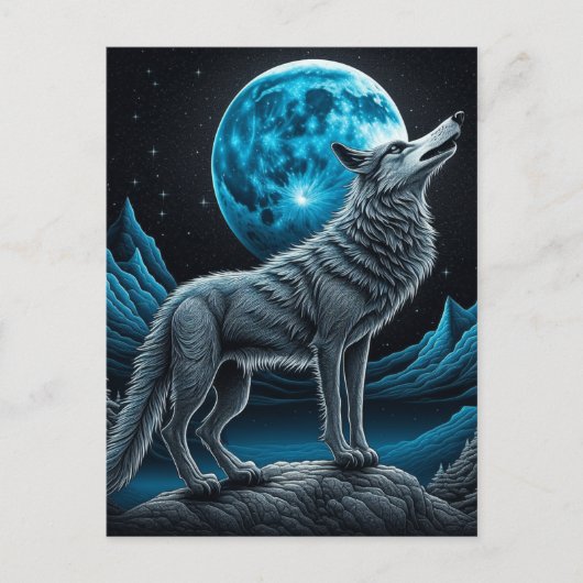 Wolf vor dem Vollmond Stehend | AI Art Postkarte (Vorderseite)