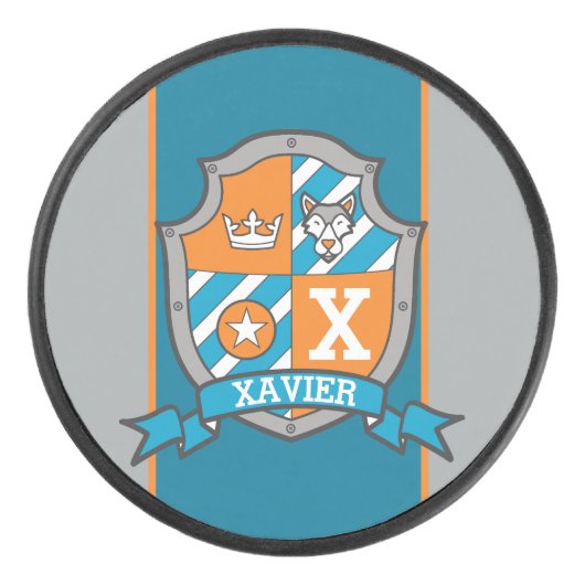 Wolf Wappen individuelle Name orange blau mit Mono Eishockey Puck (Vorderseite)