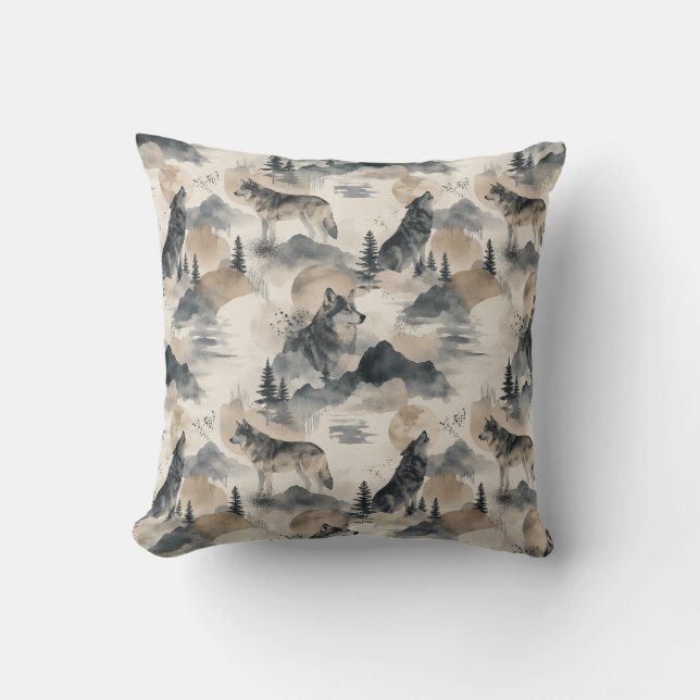 Wolf Wasserfarbe Wölfe Bergwald Natur Kissen (Vorderseite)