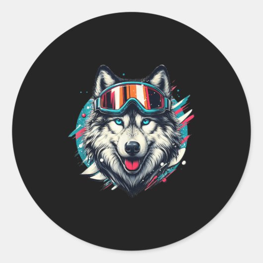 Wolf Wearing Ski Snowboard Goggles Wolf Skiing Lov Runder Aufkleber (Vorderseite)