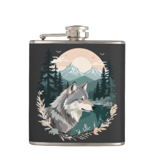 Wolf Wildtiere Natur Außenbereich Wasserfarbe Flachmann