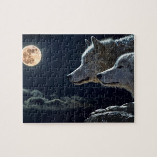 Wolf Wolves Howling am Vollmond nachts Puzzle