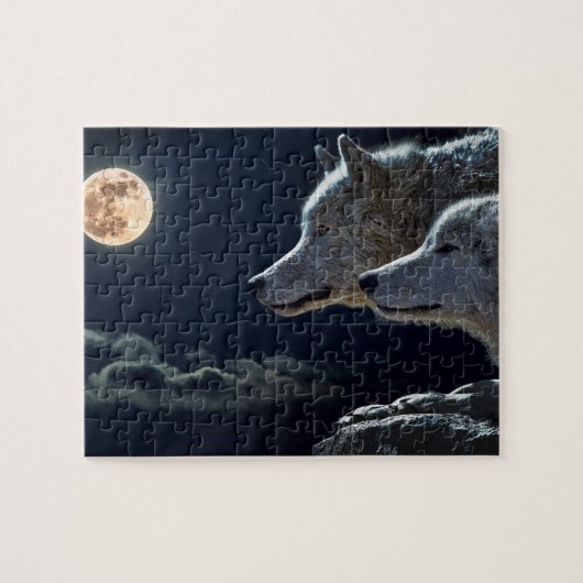 Wolf Wolves Howling am Vollmond nachts Puzzle (Horizontal)