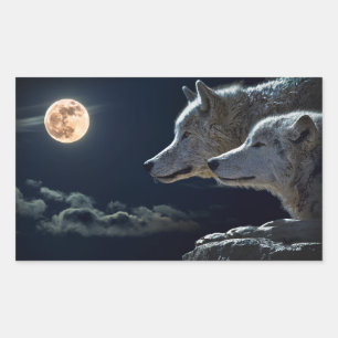 Wolf Wolves Howling am Vollmond nachts Rechteckiger Aufkleber