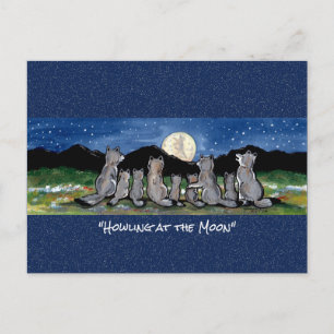 Wolf Wolves Moon Whimsical Watercolor Postcard Postkarte