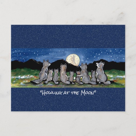 Wolf Wolves Moon Whimsical Watercolor Postcard Postkarte (Vorderseite)